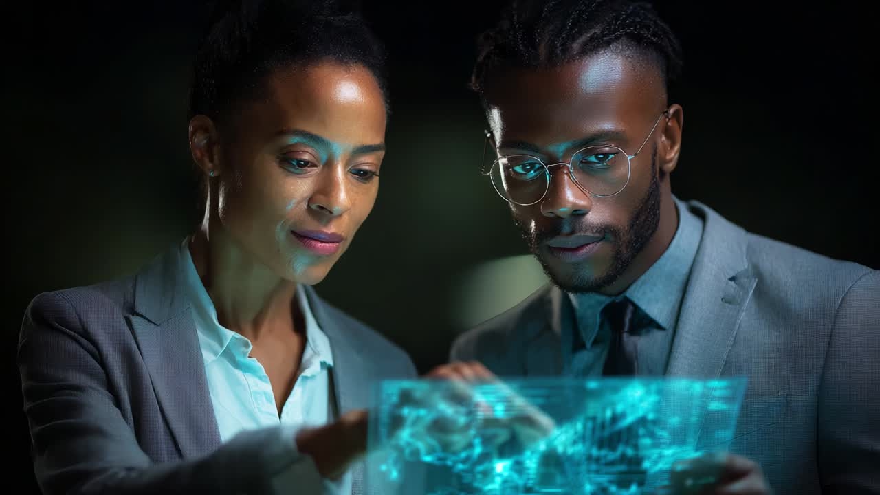 A focused interaction between two professionals analyzing a futuristic holographic display, showcasing advanced technology and collaboration in an illuminated setting, enhancing their understanding and decision-making