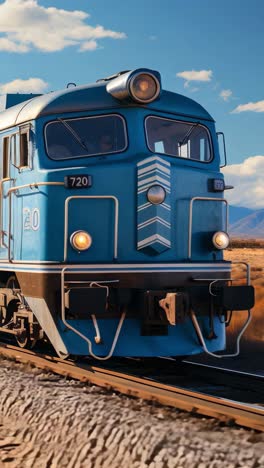 blue diesel train travels through mountainous landscape under a sunny sky