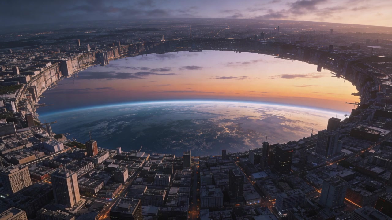 Telecamera aerea in movimento che rivela i tetti di una città ad anello mentre la luce dell'alba rischiara il bordo planetario.