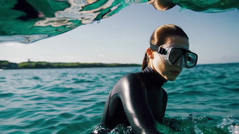 woman free diving in clear ocean water