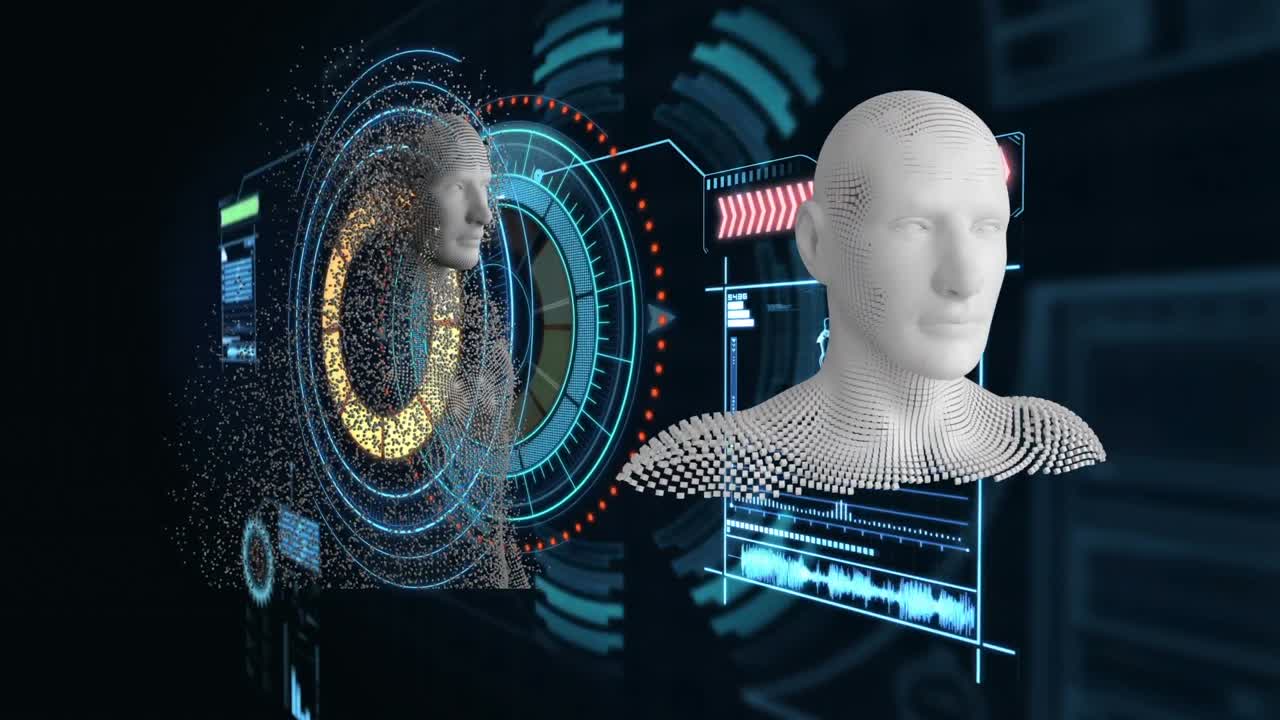 Animation of scope and data processing with human bodies formed with exploding particles