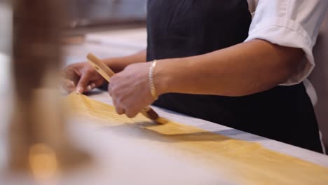 female chef brushing lasagna handmade in kitchen, slow motion, tight