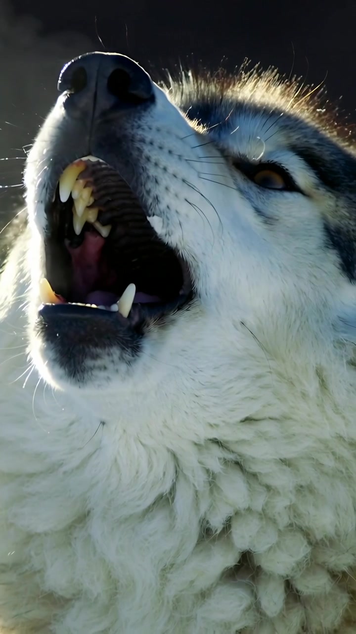 Video vertical: Sol a contraluz de un perro lobo levantando el hocico, abriendo la mandíbula mostrando dientes, lengua, cuello y pelaje