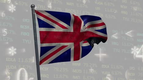 Animation-of-mathematical-symbols-over-waving-uk-flag-against-stock-market-data-processing