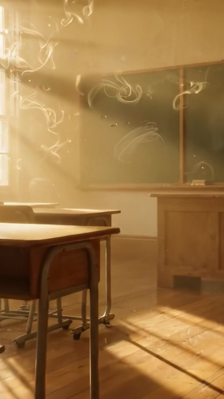 A Serene Classroom Filled with Soft Light and Dusty Particles, Captured in Two Frames Showcasing the Warm Ambiance of Learning Spaces.