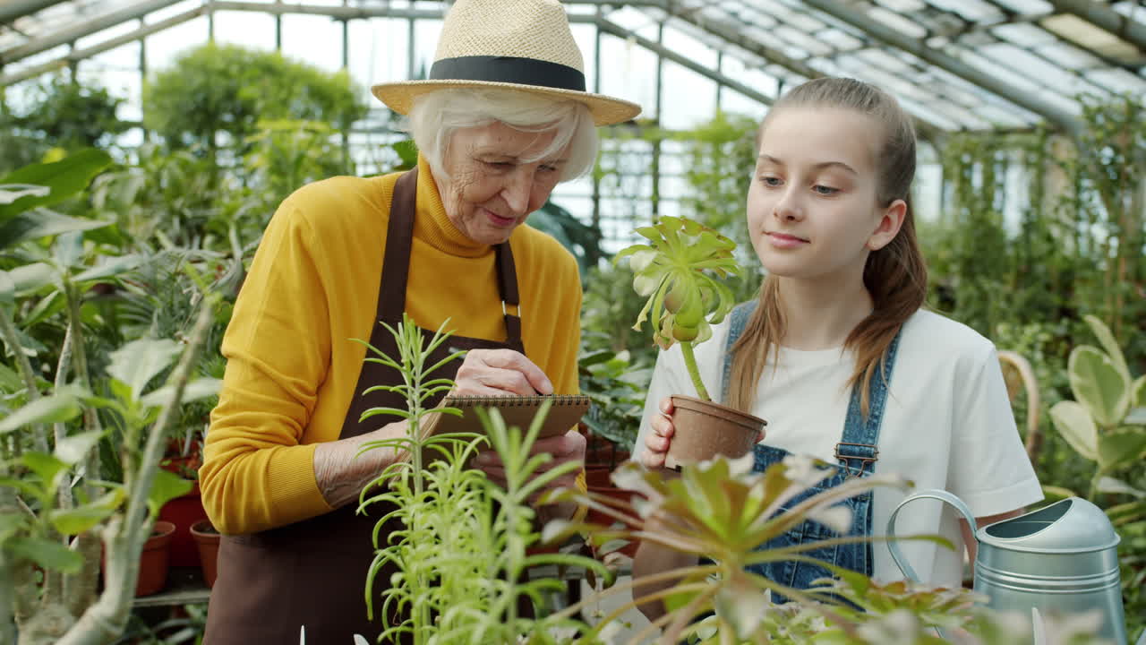 Grandmother and Granddaughter Gardening in Greenhouse