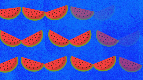 Animation-of-watermelon-icons-over-blue-background