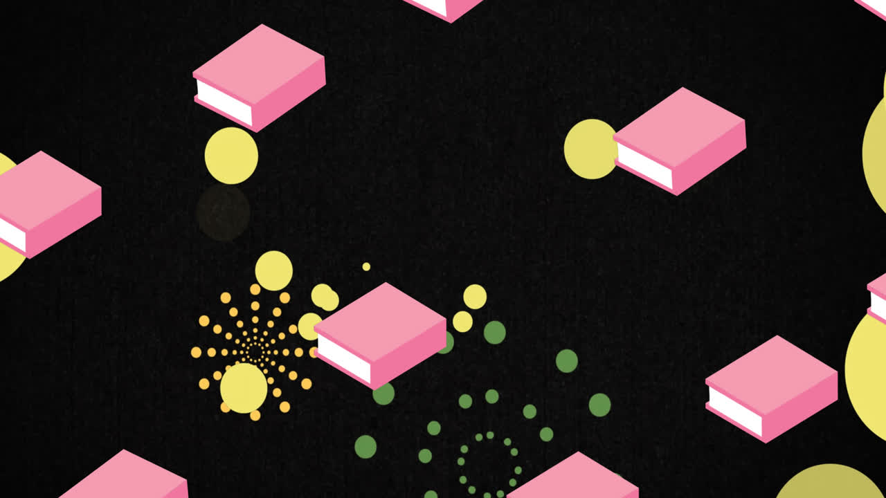 Animation of glowing spots over pink books on black background