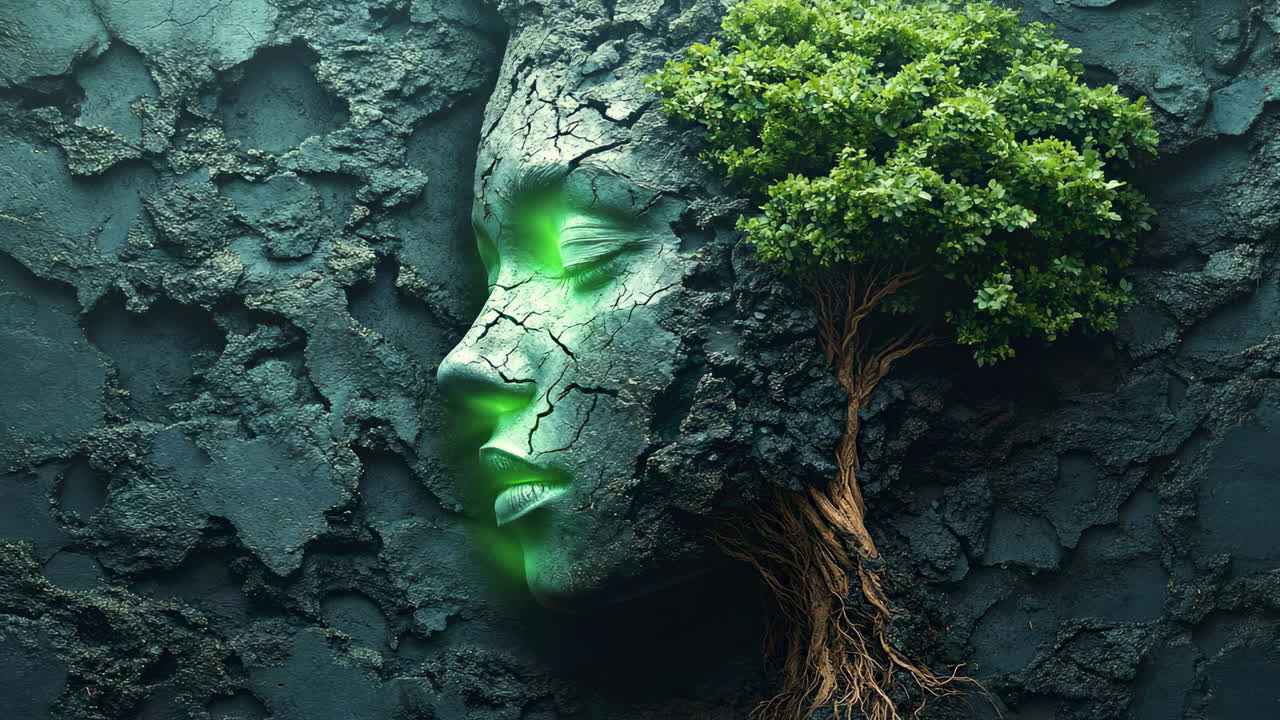 Natura e volto si fondono in un’opera d’arte. Un volto fatto di terra screpolata mostra un albero che cresce al suo interno. L’ambientazione ha una texture scura e dettagli verdi.