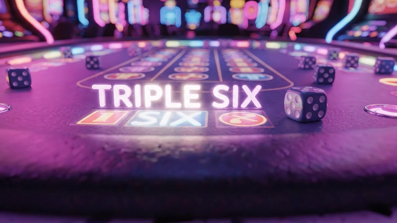 Vibrant Casino Atmosphere Featuring a Dice Game with Neon Lights and Colorful Displays Surrounding the Main Focus Point: The Triple Six Betting Table.
