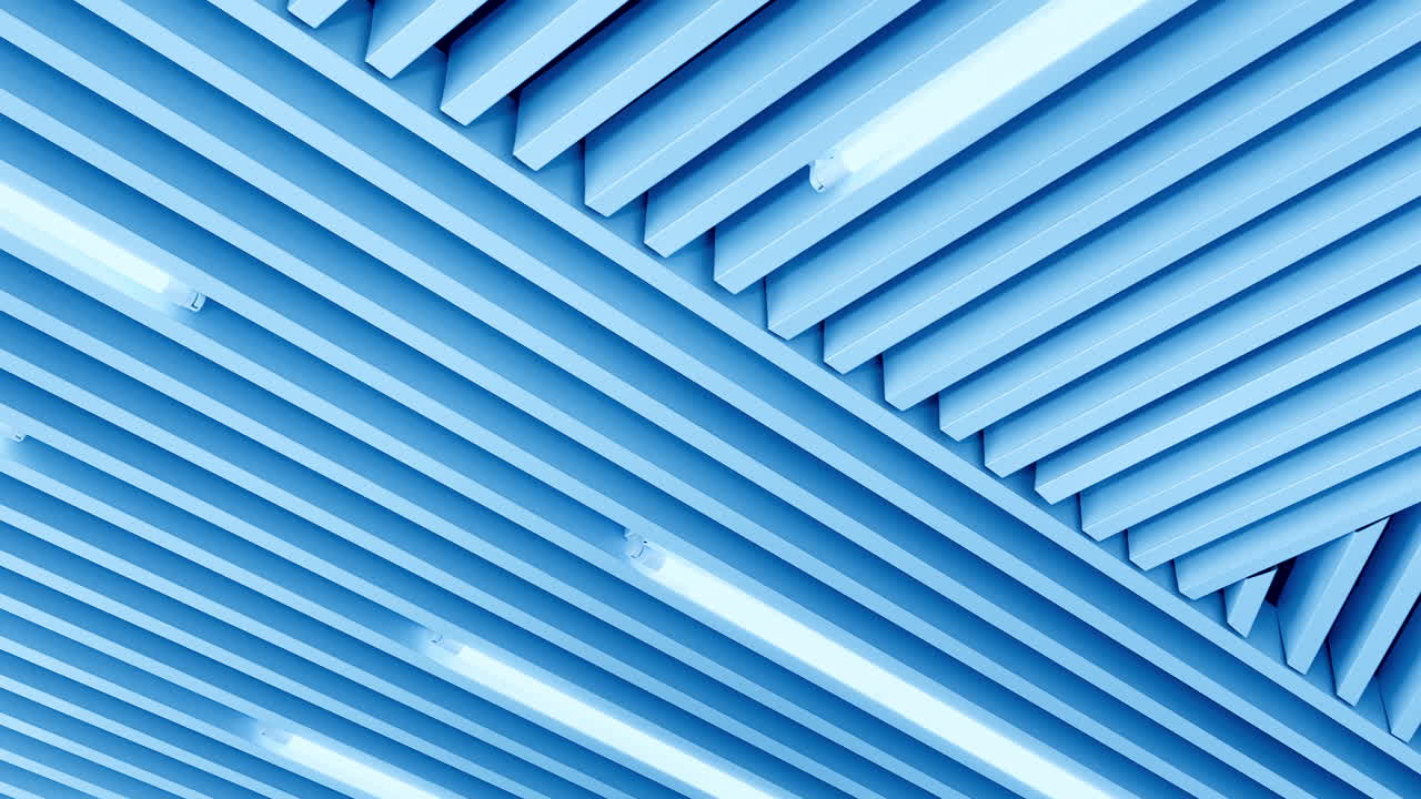 Bright white light illumination on the embossed ceiling. Long led lamps working. Low angle perspective.