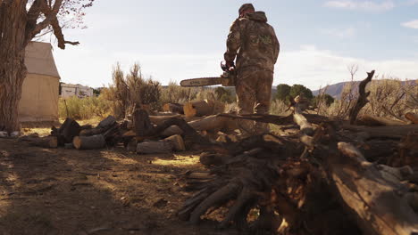 A-man-cuts-a-dead-tree-with-a-chainsaw-and-tosses-a-log