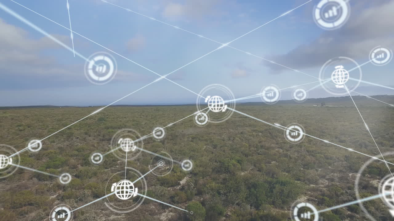 animación de la red de conexiones con iconos sobre el paisaje