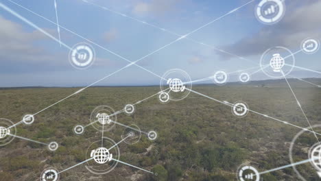 animation of network of connections with icons over landscape