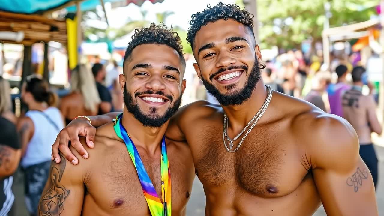 Two shirtless men standing next to each other at a gay pride parade