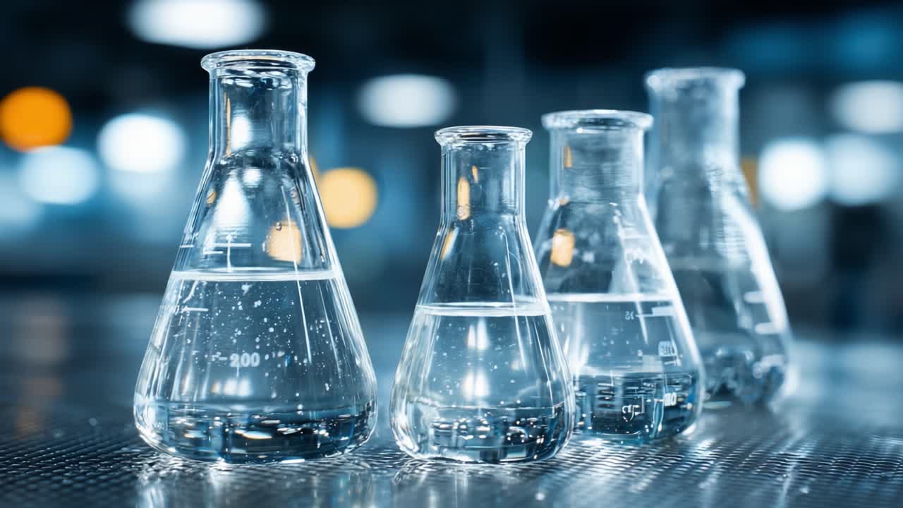 A Close-Up Look at Several Laboratory Glassware Flasks Filled with Clear Liquid, Showcasing the Intricacies of Chemistry in Action Amidst a Dimly Lit Environment