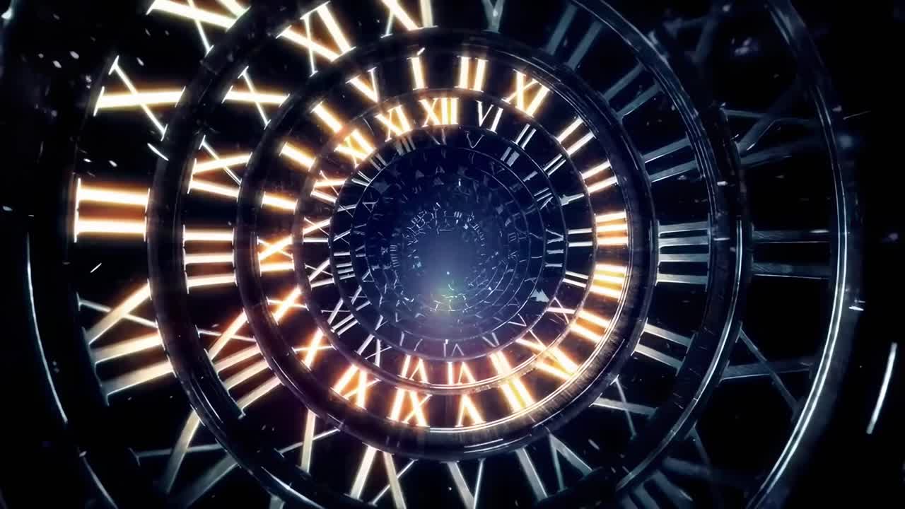 A mesmerizing video of a spiral clock with glowing Roman numerals, shot from a central angle