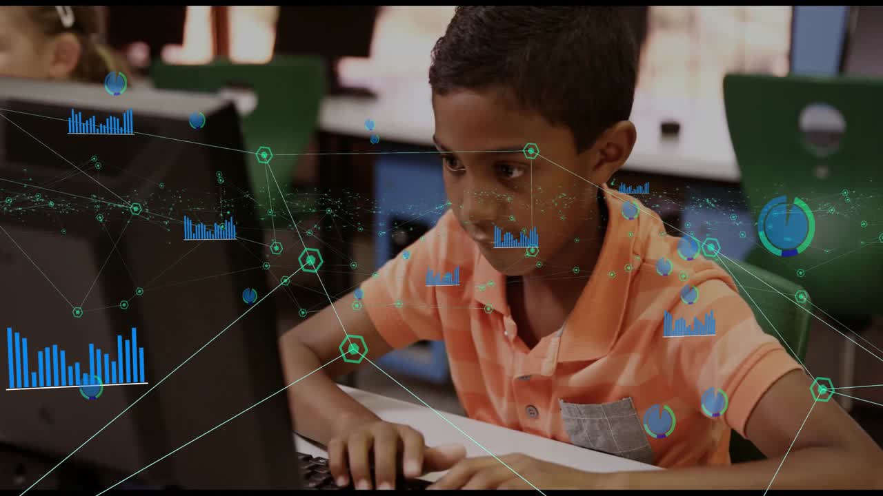 Boy starting typing and increasing speed for accessing educational data chart overlay around screen