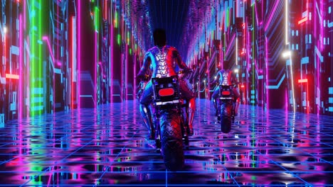 vj loop animation of a girl riding a motorcycle through a neon city