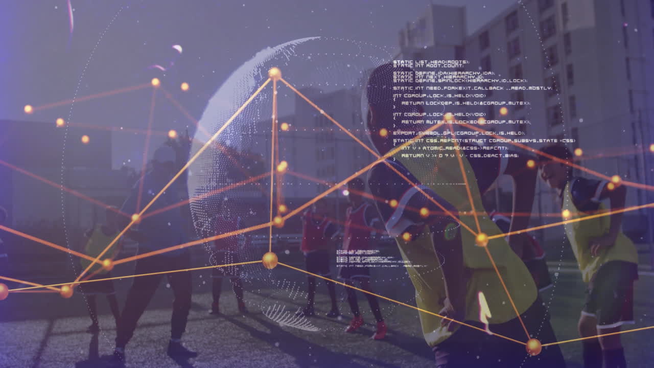 Coach guiding soccer players on turf at dusk, showing tech overlay glowing nodes network lines code
