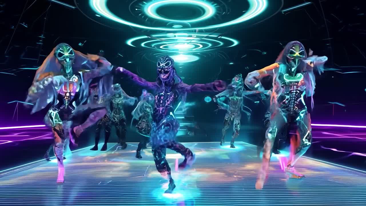 A group of dancers in futuristic costumes perform on a neon stage