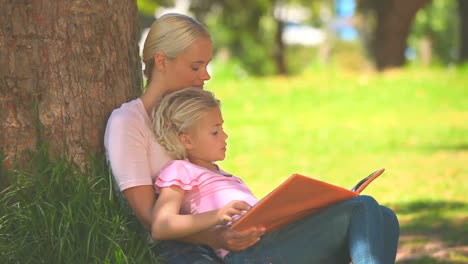 Young-girl-reading-a-book-with-her-mother