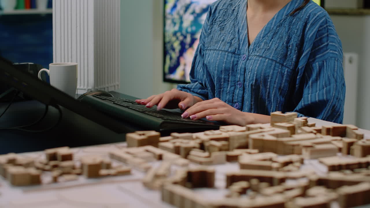 Close up of architectural desk with building model and computer