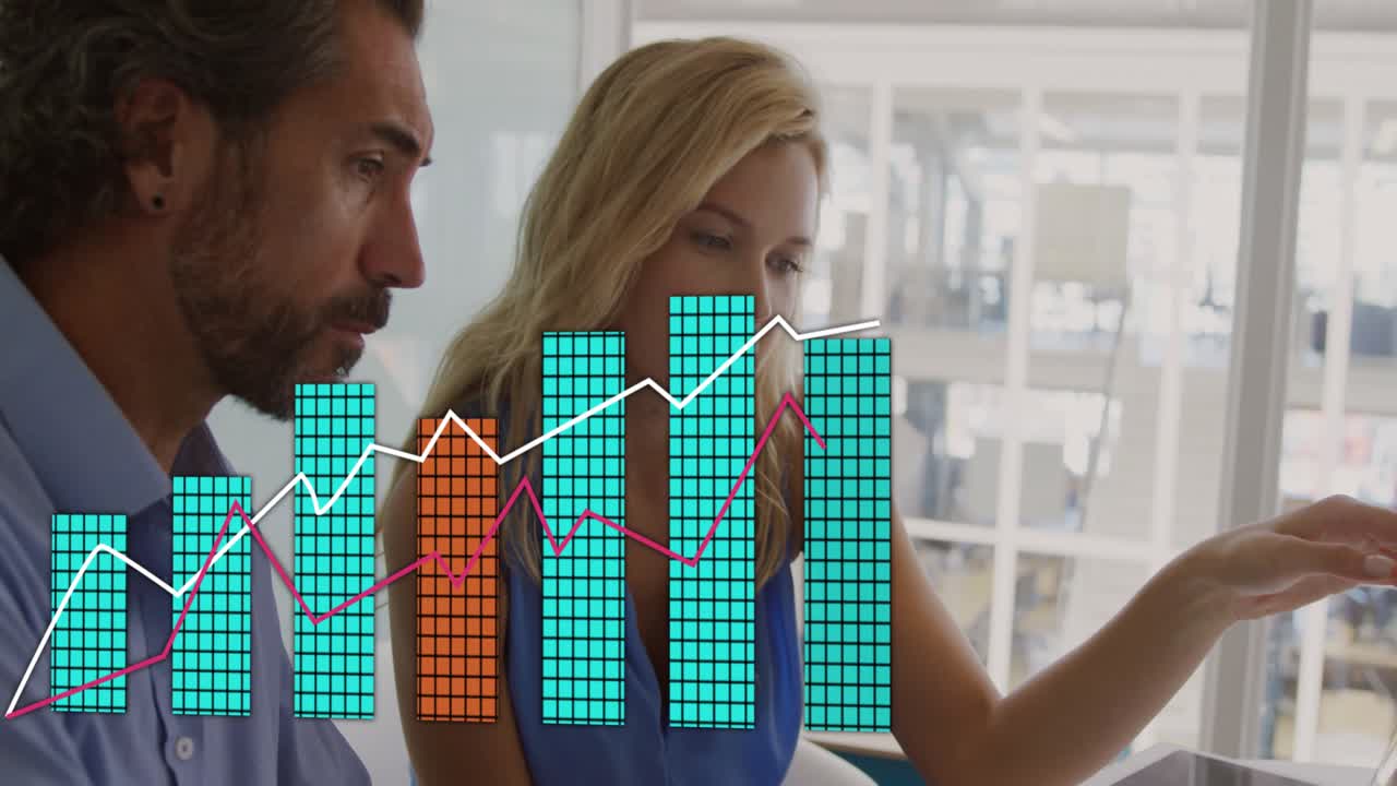 Woman reaching tablet man watching marker appearing left and growing business charts reviewing data