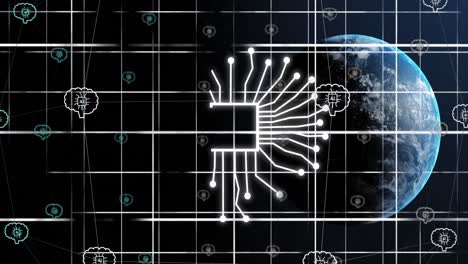 Animación-Del-Icono-De-IA-Y-Procesamiento-De-Datos-Sobre-El-Globo-Y-La-Cuadrícula.