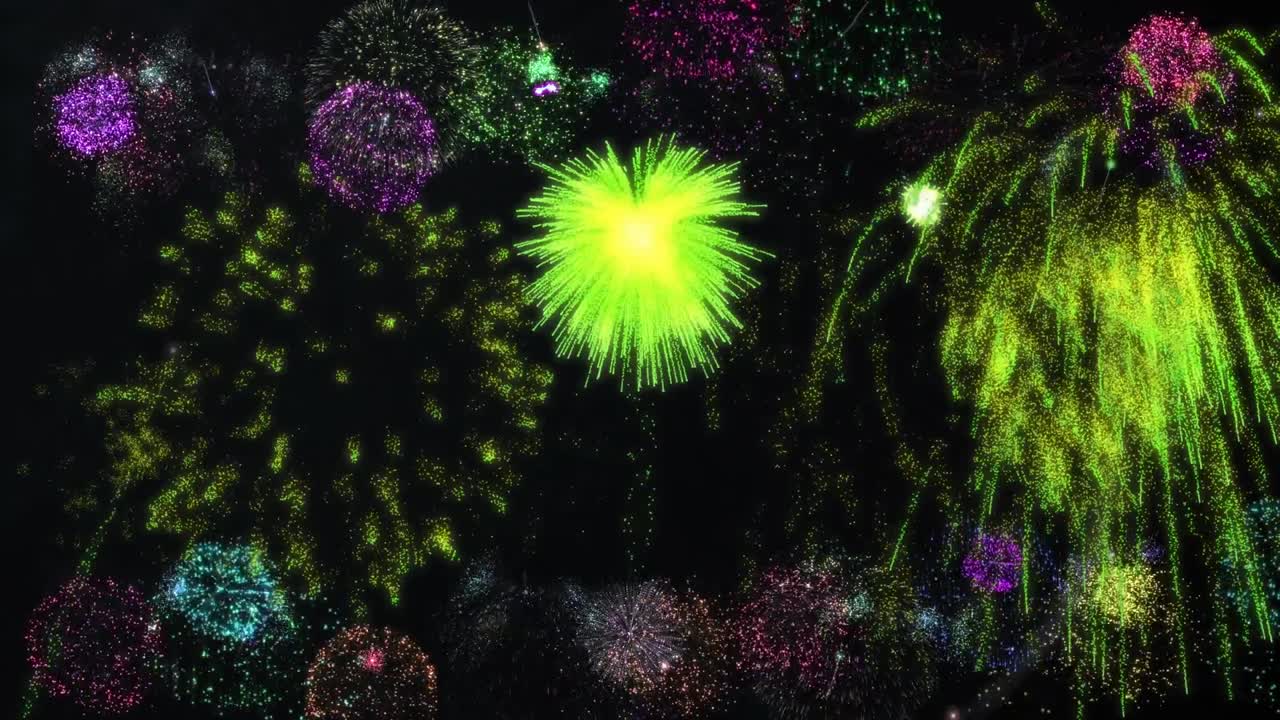 animación de coloridos fuegos artificiales de navidad y año nuevo que explotan en el cielo nocturno