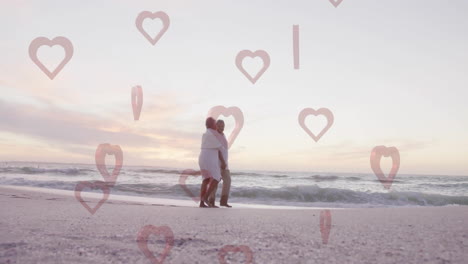 walking on beach, elderly couple surrounded by heart shapes in animation