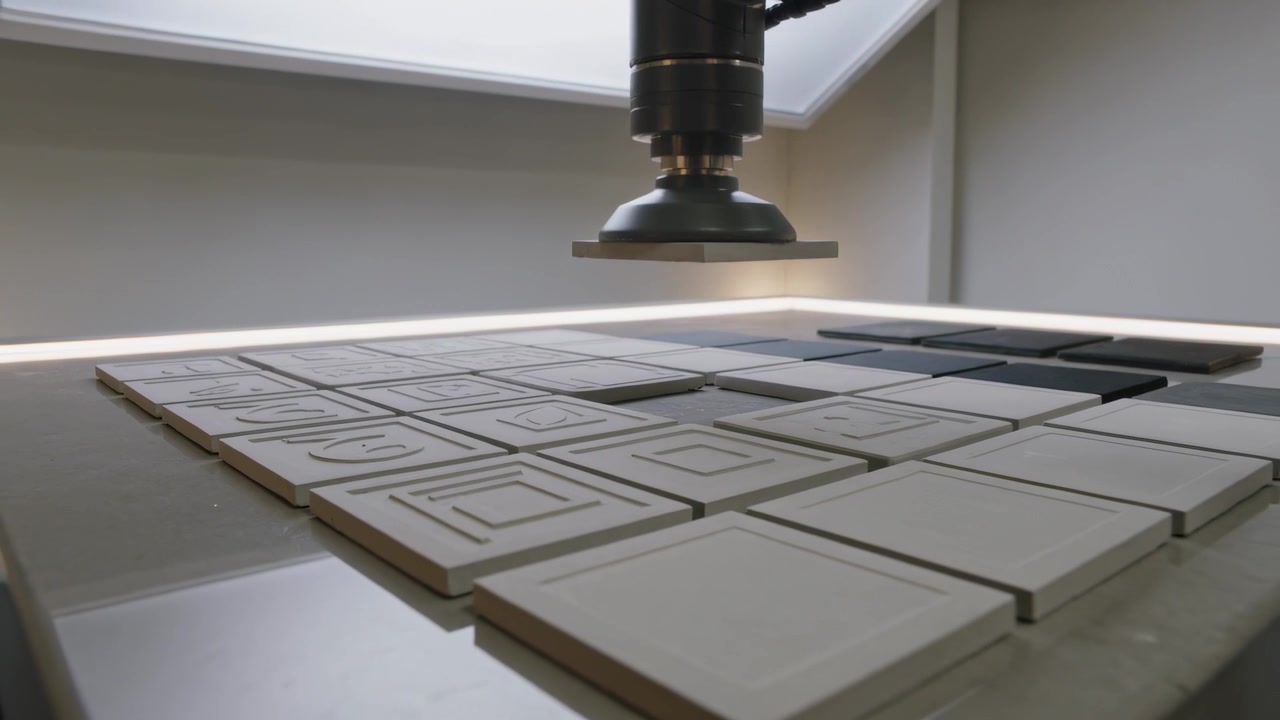 Extending robotic arm lowering suction cup, vacuuming tiles from grid on table for assembly