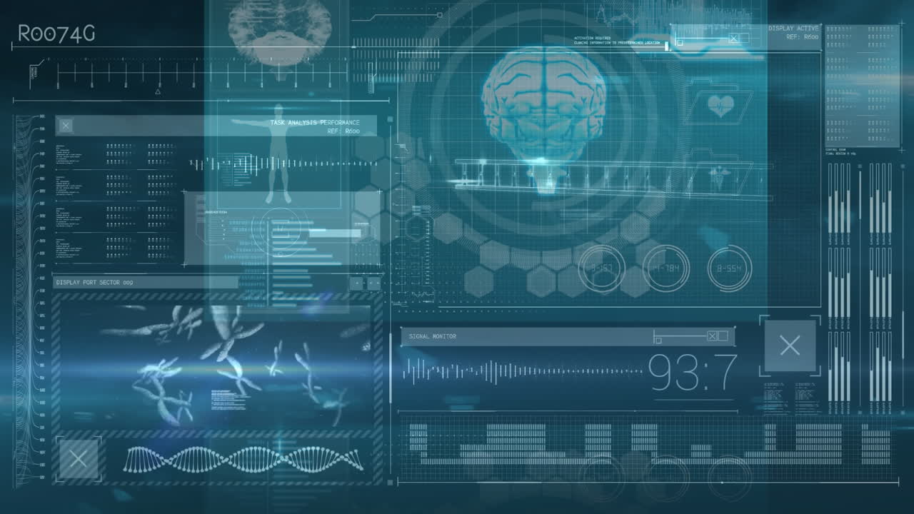 animación digital de la interfaz digital con el procesamiento de datos médicos contra un fondo azul