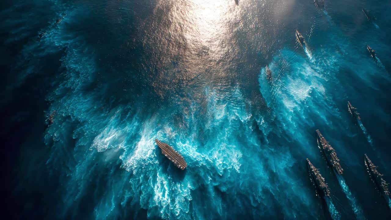 Aerial View of Powerful Ocean Waves Churning Around Boats, Creating a Dynamic Scene of Movement and Nature's Force Under Bright Sunlight