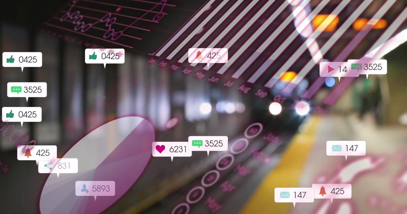 Animation of digital processes and statistics over social media icons and train platform