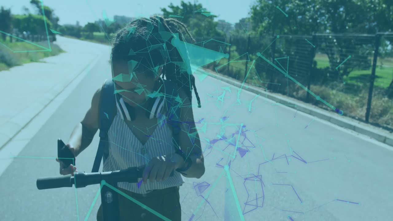 Glowing green network of connections against african american woman with scooter using smartphone