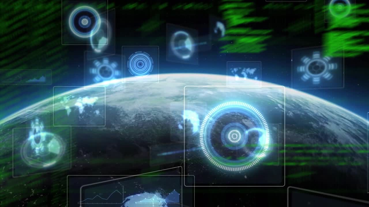 Opening showing Earth with green code grid, HUD circles materializing and pulsing for scan lock-on