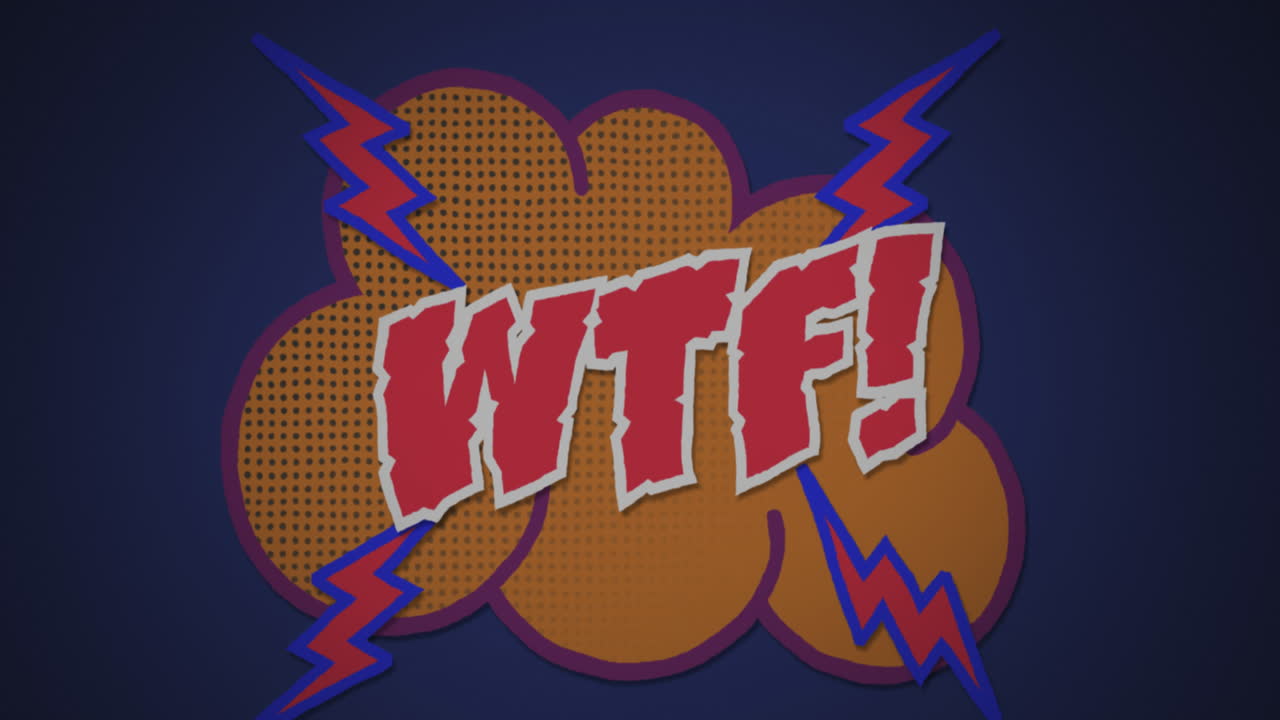 animación de un banner de texto wtf sobre una burbuja de discurso retro contra un fondo azul