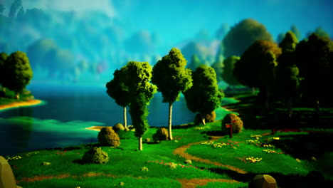 paisaje de dibujos animados con colinas y bosques