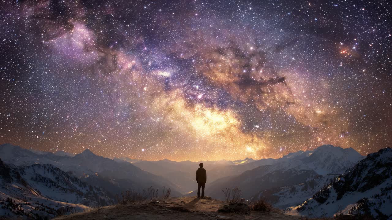 A lone figure stands in awe beneath a breathtaking cosmic display, surrounded by a majestic mountain landscape under a star-filled galaxy, reflecting the beauty of the universe
