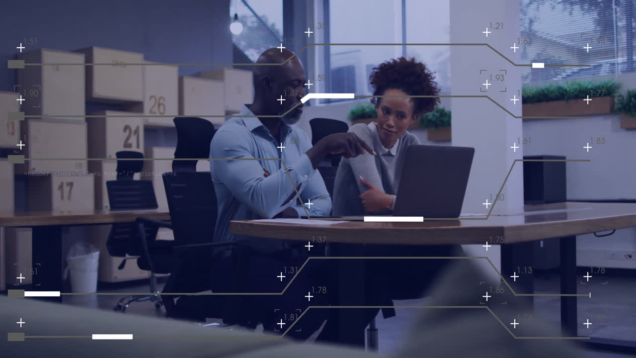 Discussing work, business professionals in office with data processing animation overlay
