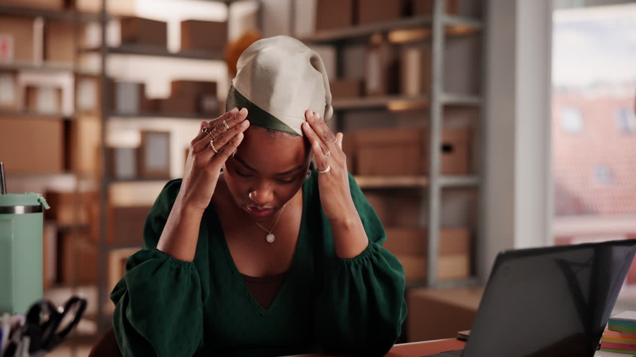 Stressed Black Woman Entrepreneur Working on Documents in E-commerce Office
