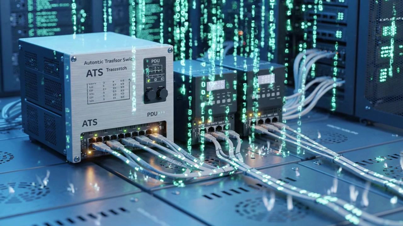 Advanced Automatic Transfer Switch and Power Distribution Units in a Data Center Setting with Cables and Network Interfaces Illuminated in Blue Lights