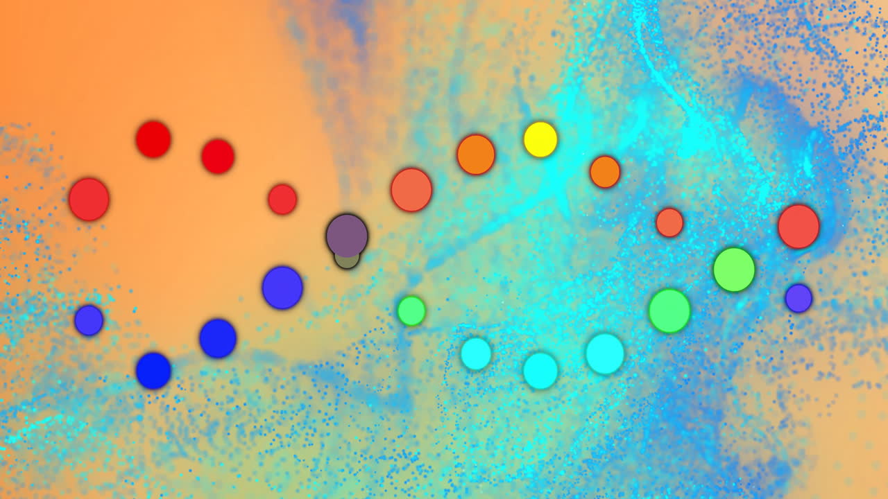 Forming spiral pattern, colorful dots moving over abstract background animation