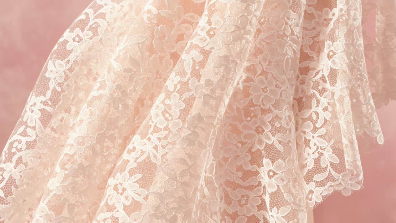 Delicate Lace Fabric Displaying Intricate Floral Patterns Against a Soft Pink Background, Perfect for Wedding or Fashion Projects