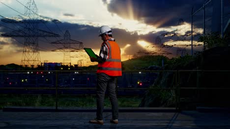 full body back view of asian male engineer with safety helmet working on a green screen tablet and looking around while standing near high voltage tower