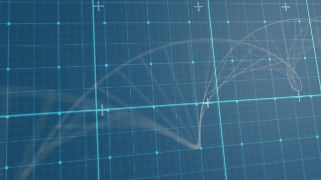 紫色のデジタル空間に広がる、図形と増加する数字のアニメーション。