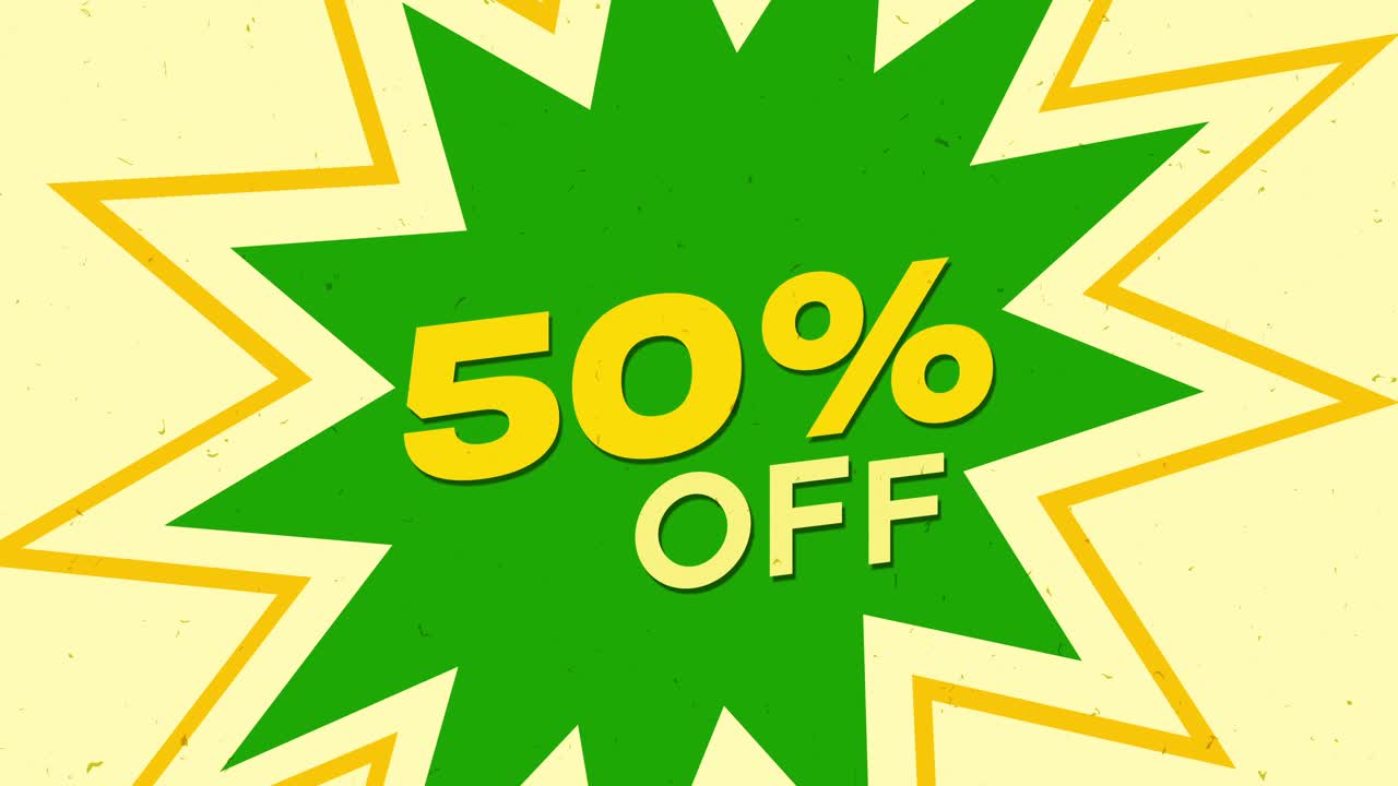 Cartello sconto animato del 50% con effetto "starburst" retrò.