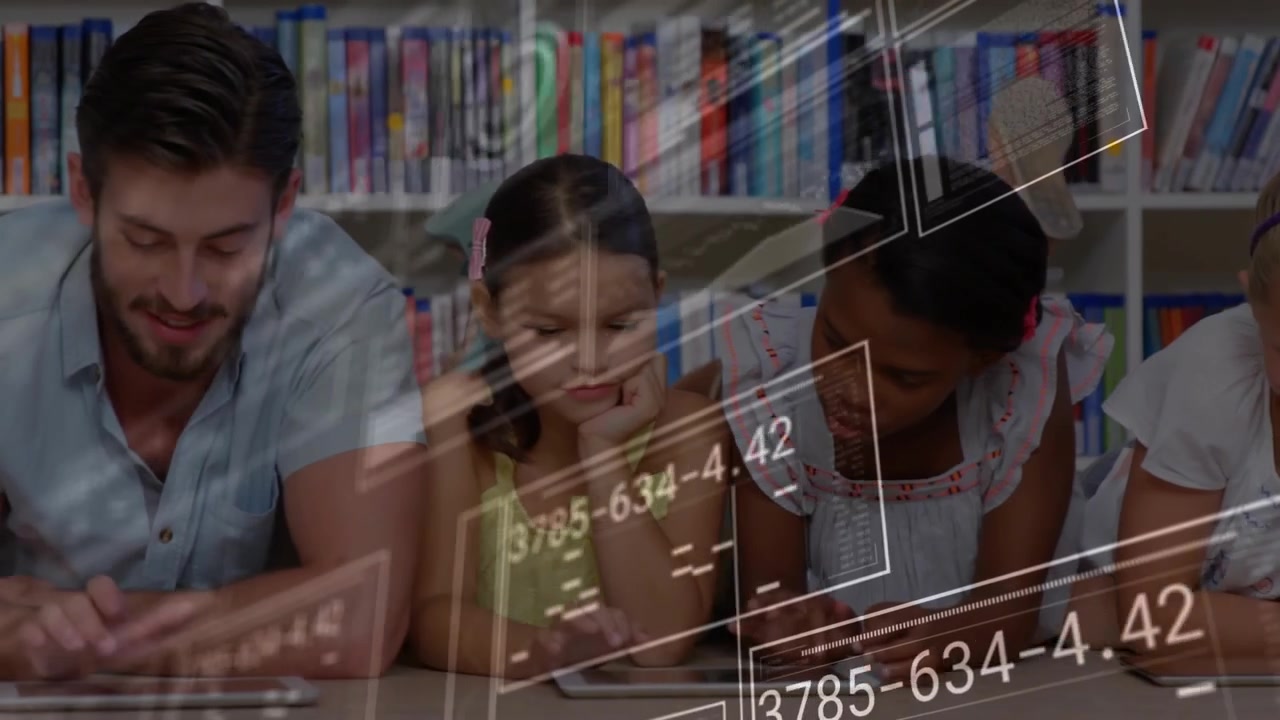 Instructor guiding children via tablet tapping in library education animating panels and charts