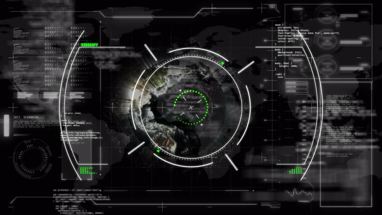 Animation of circles over globe, programming language and loading bar against map in background